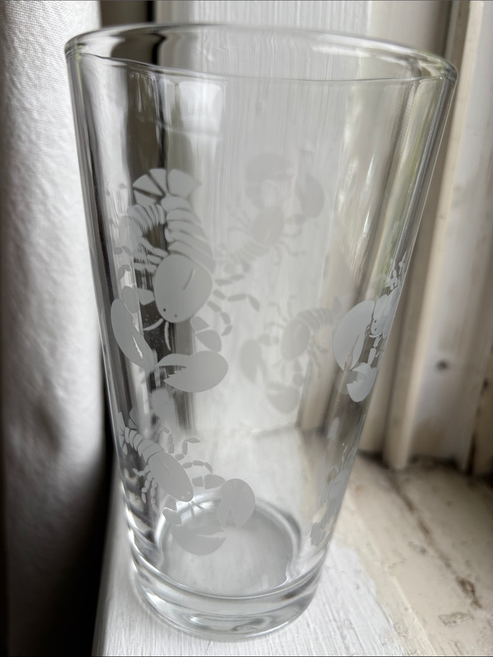 Set of FOUR Handmade LOBSTER Pint Glasses pale frosty grey 8 on ea clear glass